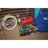 A box containing various garden tools; petrol can;