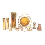 Three Trench Art shells, a brass gong and various