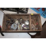 A box of over 30 assorted padlocks and a selection