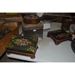 Three Victorian beadwork foot stools and a mini co