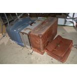 Four various vintage suitcases and two leather bri