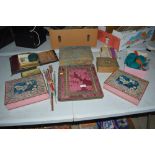 An embroidered desk folder, various sewing and woo