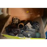 A box of assorted coils, condensers, Bakelite tran