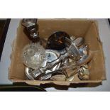 A box of mixed silver and plated ware to include a