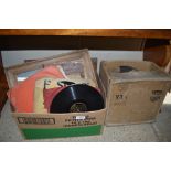 Two boxes of records, picture frames etc.