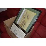 A box containing four hunting related prints