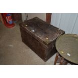 A stained pine and brass bound trunk