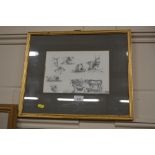 A gilt framed pencil sketch of cattle