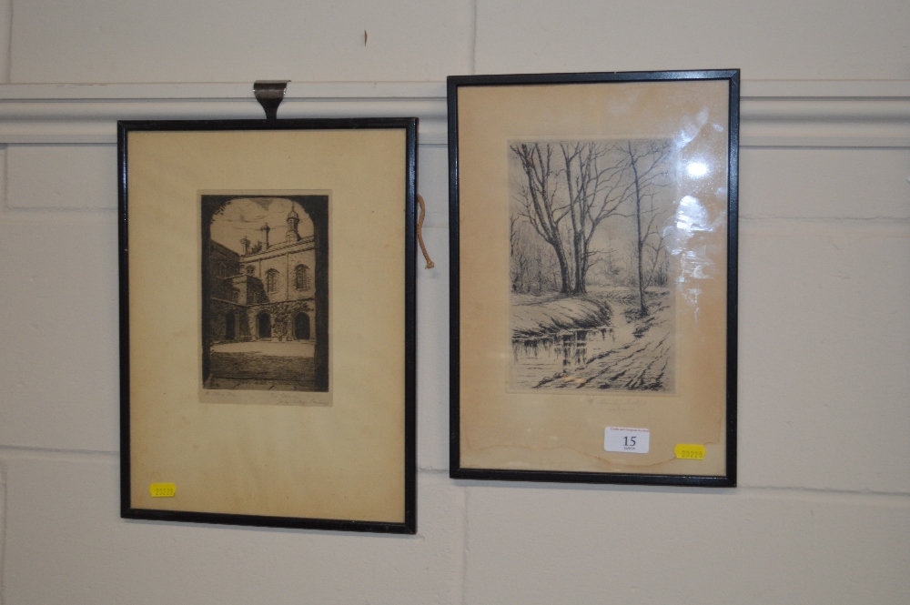 Two framed pencil signed black and white etchings