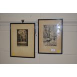 Two framed pencil signed black and white etchings