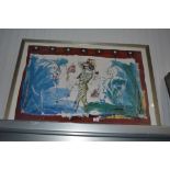 A large framed print of a Harlequin