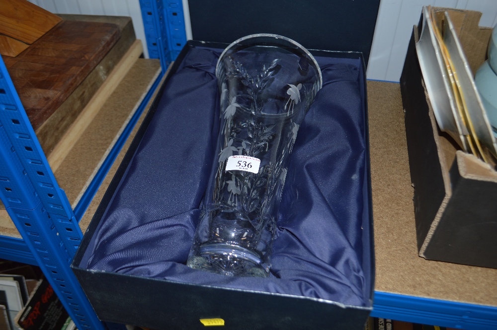 A boxed Stuart crystal vase with etched flower dec