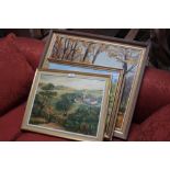 Four various oil paintings, "Autumn Woodland", "Trag
