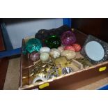 A box of hardstone eggs; pipe rack; glass paperwei