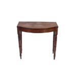 A 19th Century mahogany and chequered banded bow fronted hall table, raised on ring turned