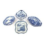 Four various 19th Century blue and white transfer printed serving dishes, all decorated in the