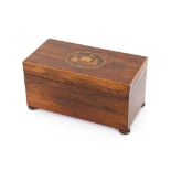 A 19th Century rosewood and satinwood inlaid tea caddy, raised on ball feet, 30cm, interior missing