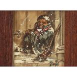 19th Century school, study of street urchin at Christmas, unsigned watercolour, 10.5cm x 9.5cm