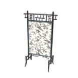 A mock bamboo fire screen, with floral and bird printed panel, 65cm wide x 106cm high