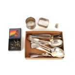 Various silver teaspoons; condiment spoons; silver engine turned napkin ring and a Continental