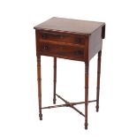A George III mahogany sewing table, fitted two short drawers and raised on ring turned tapering