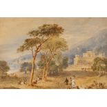 Scottish school, extensive landscape with castle, lake, figures and deer, unsigned watercolour