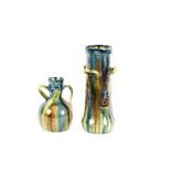 Two Arts & Crafts design pottery vases, with green and blue mottled running glaze and stylised