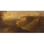 Attributed to Richard Wilson 1714 -1782, figures by a cottage near cliffs with castle beyond, oil on