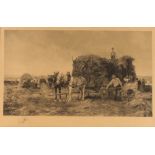 An early 20th Century black and white print, of a harvesting scene