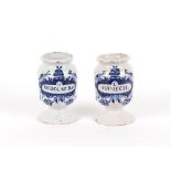 A pair of 18thCentury Delft Albarello HAMECH and DESICCAT. Rub. having blue floral and bird