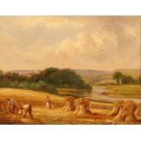 William Henry Lewis 1817 - 1879, study of a harvest scene with cattle watering at a river beyond,
