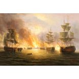 James Hardy, 20th Century extensive coastal sea battle, signed oil on canvas laid on board, 49cm x