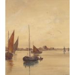 W. Ayrton, study of sailing vessels on a river, signed watercolour, 37cm x 32cm