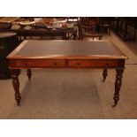 A Victorian mahogany writing table, fitted four opposing drawers and raised on baluster turned