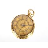 An 18ct gold fob watch, having foliate engraved Roman numeral dial and scenic decorated back plate