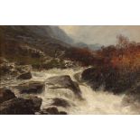 Edwin A Pettitt 1872, study of highland waterfall with mist shrouded mountains in the far ground,