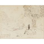Thomas Rowlandson, study of figures in country landscape; pencil sketch bears signature and date