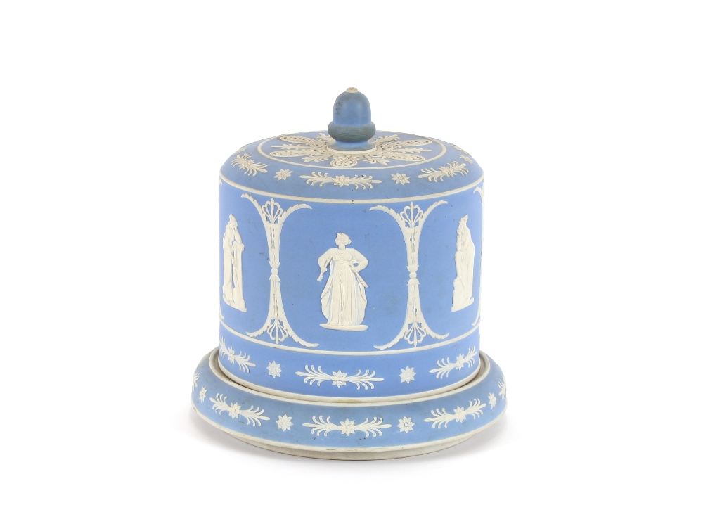 A Victorian Wedgwood Jasperware cheese bell, with classical maiden and floral decoration, surmounted