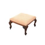 A Victorian rosewood dressing stool, upholstered stuff over seat raised on carved cabriole