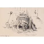 Louise Armour-Chelu, study of a cat asleep in a tea chest, pen and ink, signed and dated 1984