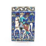 An antique Persian safavid type tile, depicting a nobleman hawking with attendant servant, clouds,