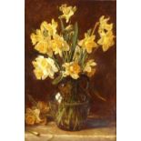 Alfred Morgan 1835-1924, study of daffodils in a jug, signed oil on canvas, 60cm x 40cm and a