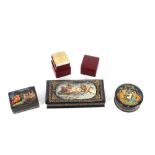 Three Russian painted boxes; together with a box of miniature playing cards