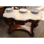 A Victorian mahogany console wash stand, having white marble top, single frieze drawer, raised on