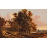 English school, mid 19th Century pastoral scene with a figure and her dog crossing a bridge by a