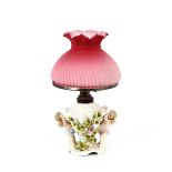 A 19th Century continental porcelain table lamp, decorated cherubs and flowers, with pink fluted and