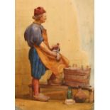 J.K.G., Continental study of a man washing bottles, initialled watercolour, 46cm x 33cm