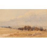 David Cox, study of rolling country landscape with figures, cottages and windmill, unsigned