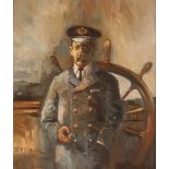 Brian Richard Entwistle, A Naval Captain standing in front of the ships wheel, oil on artists board,