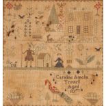 Caroline Amelia Trowell, Victorian sampler depicting verse, flowers, figures and buildings, 45cm x